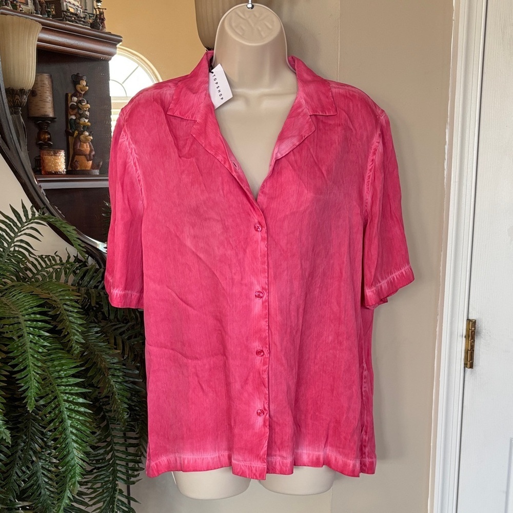 NWT Topshop Pink Viscose Button Down Shirt Short Sleeve Blouse
